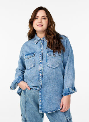 Zizzi Denimskjorte med brystlommer, Blå, Model image number 0