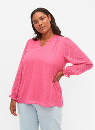 Bluse med lange ermer og volangdetaljer, Shocking Pink, Model image number 0