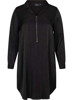 Langermet kjole med krage og glidelås, Black, Packshot image number 0