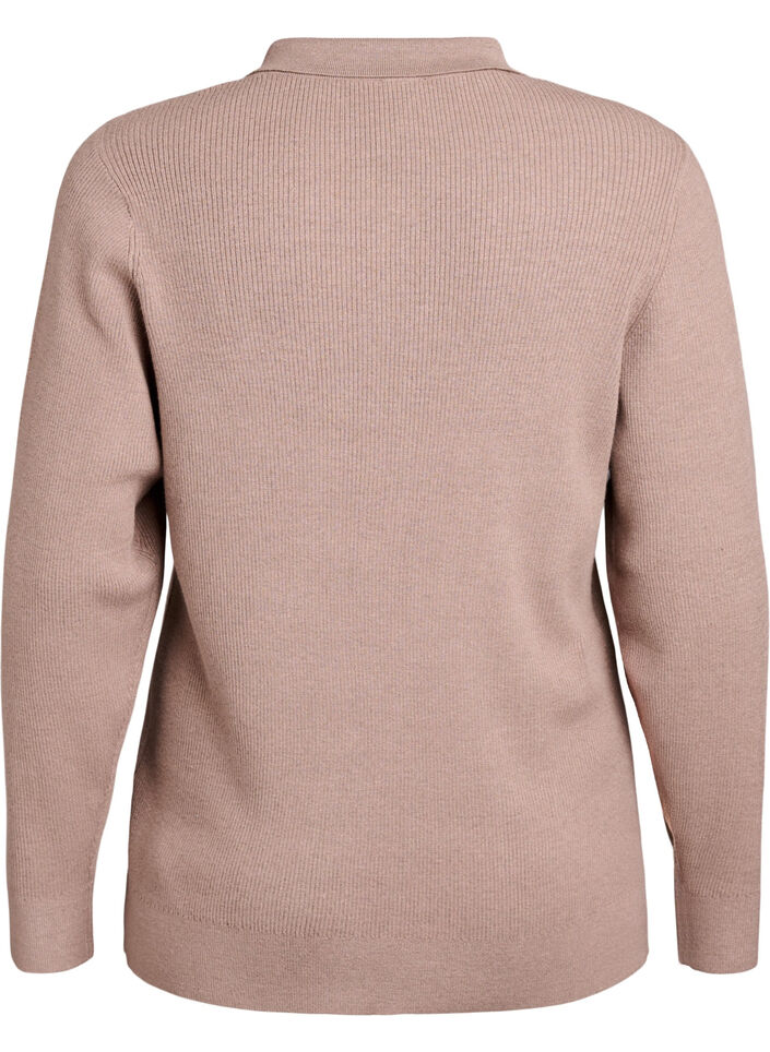 Ribbestrikket genser med polokrage og glidelås, Beige, Packshot image number 1
