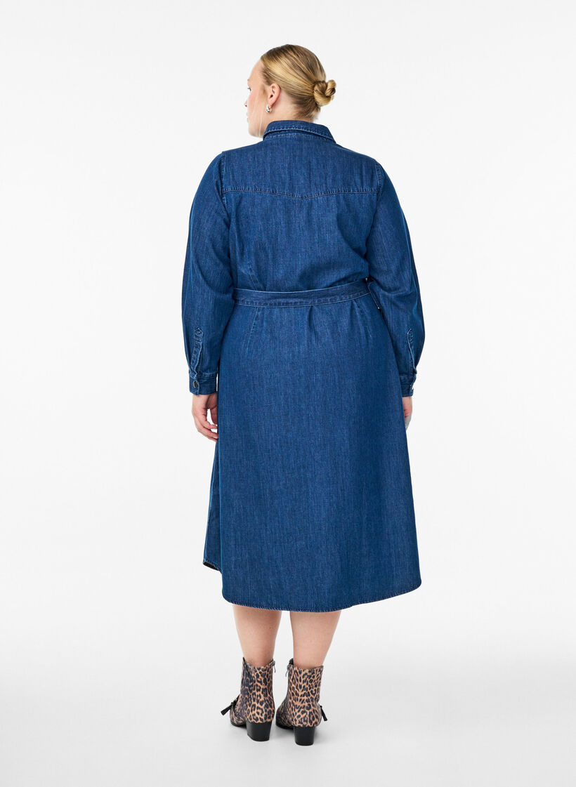 Mididenimkjole med knytebelte, Dark Blue Denim, Model
