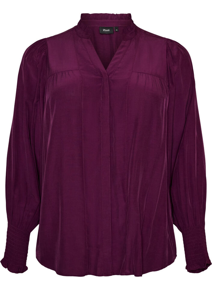 Bluse med rysjekrage og rynking, Lilla, Packshot image number 0