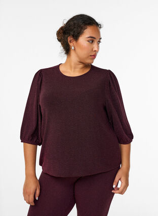 Zizzi Bluse med glittermønster og 3/4 ermer, Mørk Bordeaux, Model image number 0