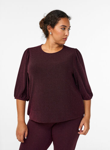 Zizzi Bluse med glittermønster og 3/4 ermer, Mørk Bordeaux, Model image number 0