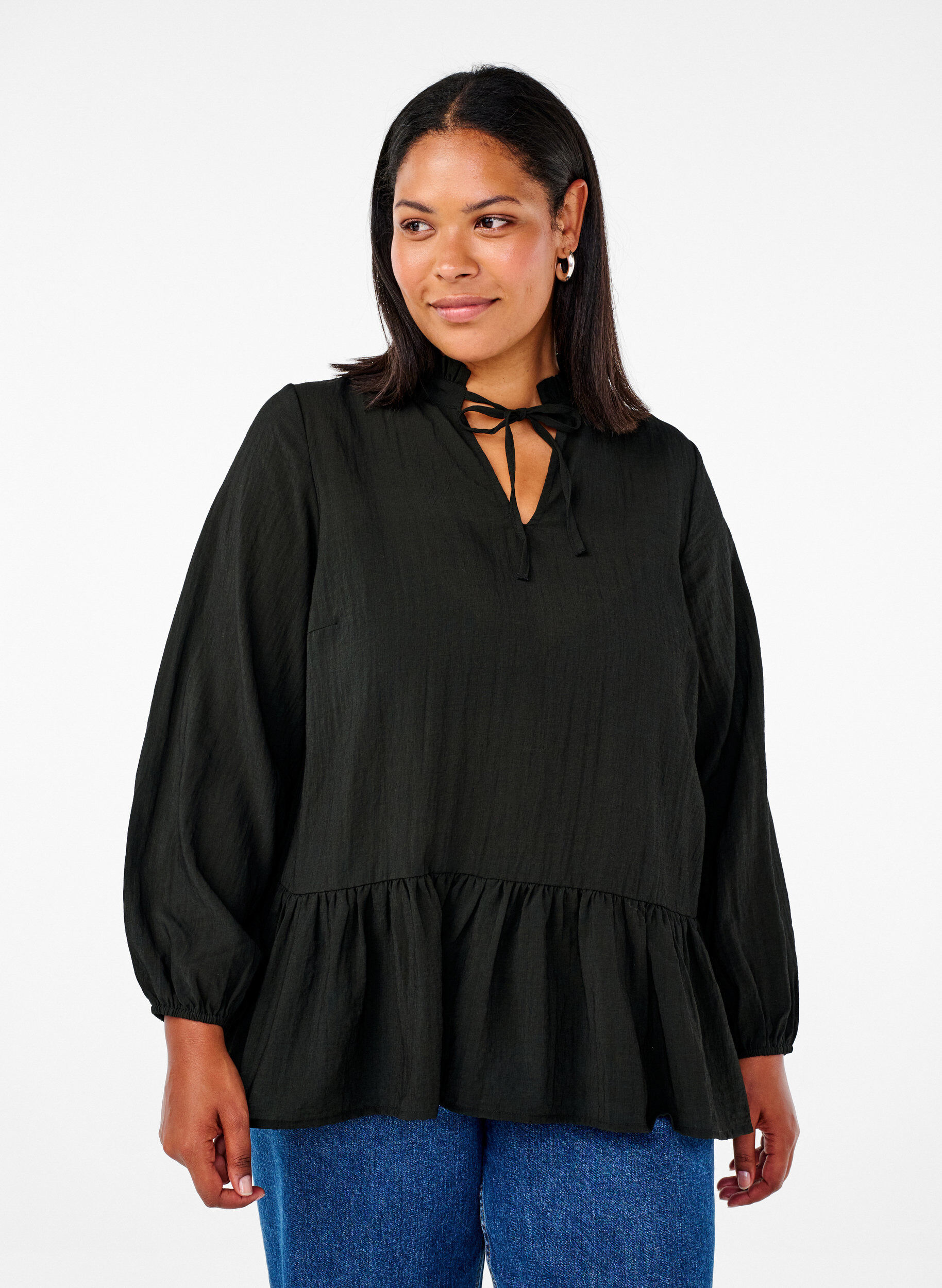 Zizzi Langermet bluse med peplum, Svart, Model image number 0