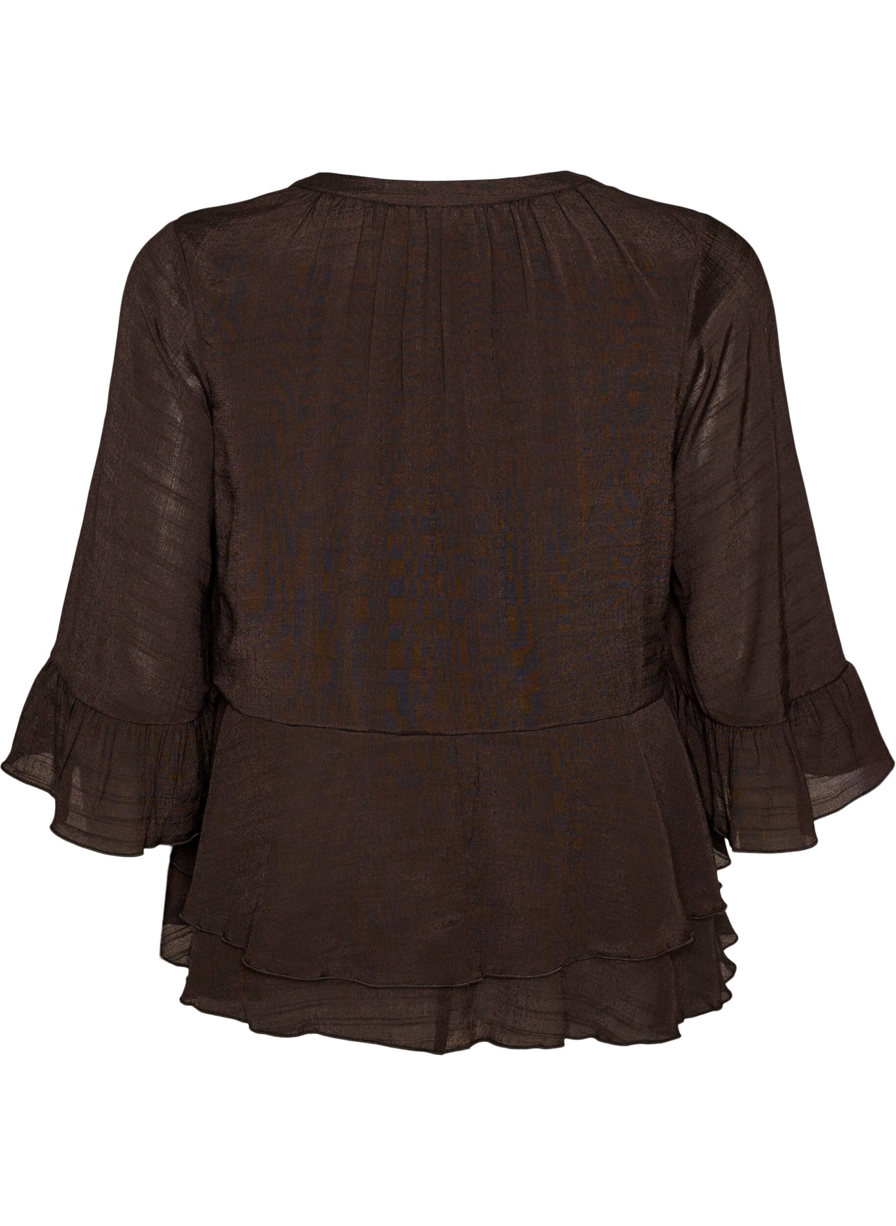 ZizziBluse med 3/4-ermer og volangdetaljer, Brun, Packshot image number 1