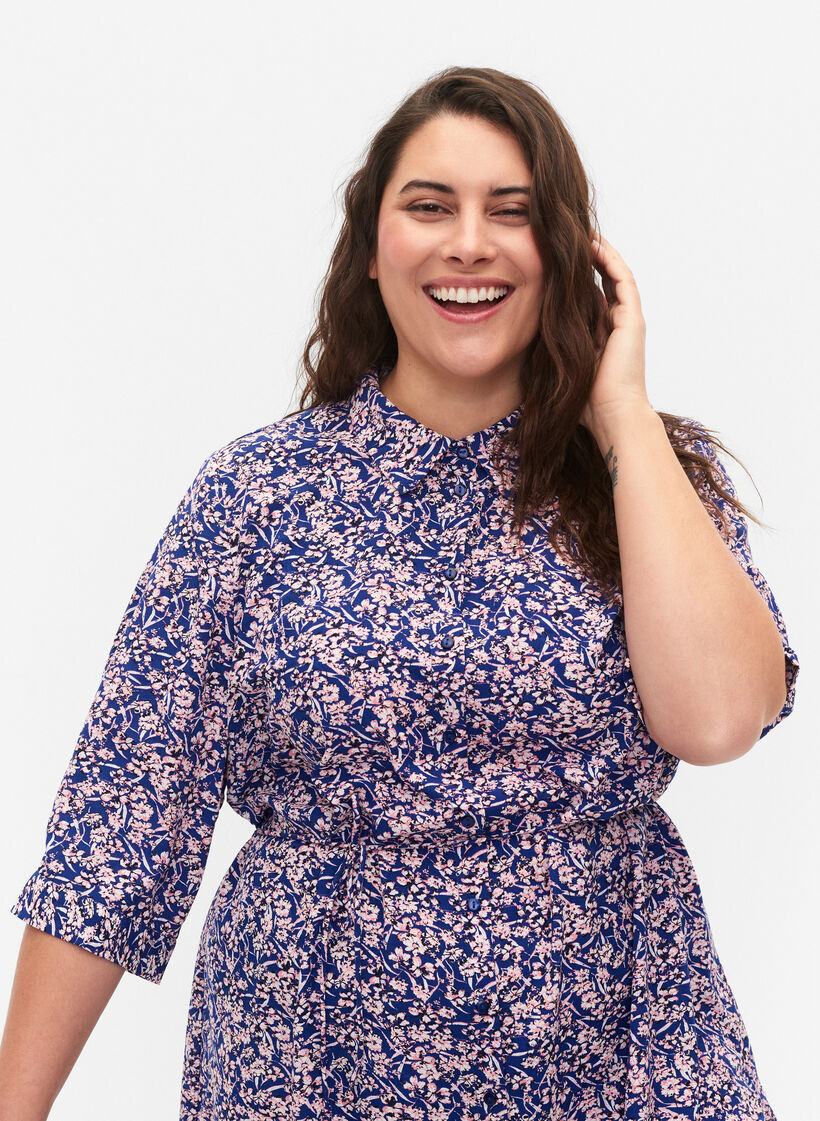 FLASH - Skjortekjole med blomstermønster , Strong Blue Flower, Model image number 2