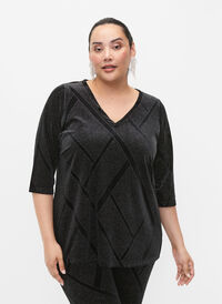 Velour bluse med glitter og 3/4-ermer, Black, Model