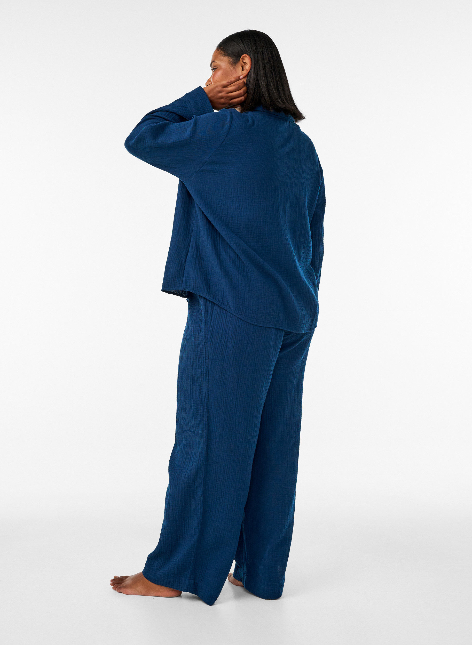 ZizziL&oslash;se pyjamasbukser i bomullsmusselin, Bl&aring;, Model image number 1