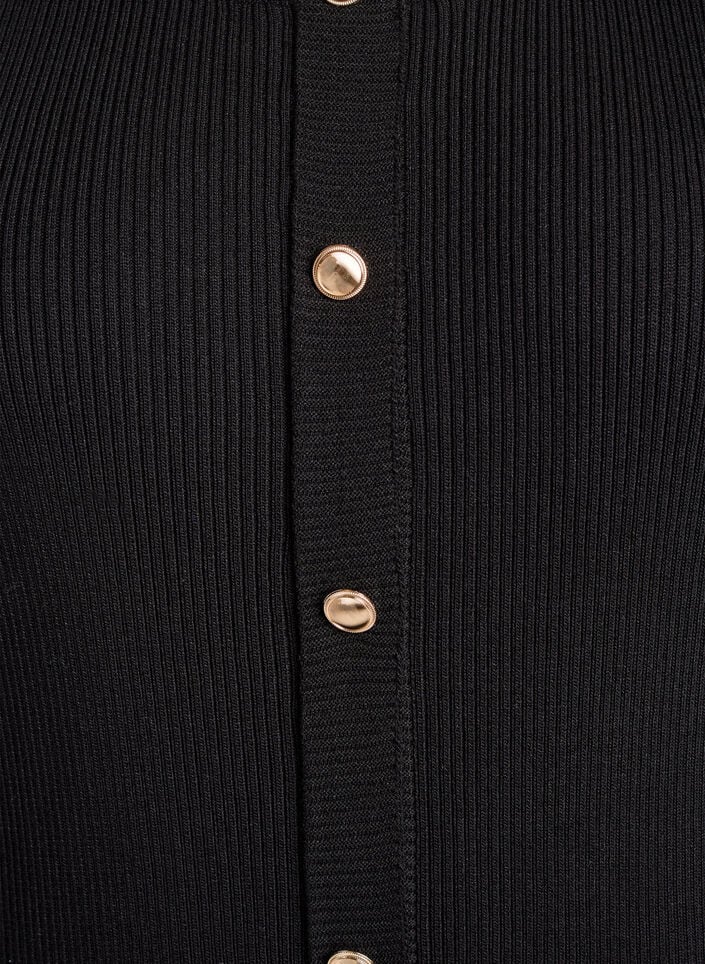 Ribbestrikket kjole med dekorative knapper og korte ermer, Svart, Packshot