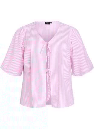 Zizzi FLASH - Stripete bluse med sløyfer, Rosa, Packshot image number 0