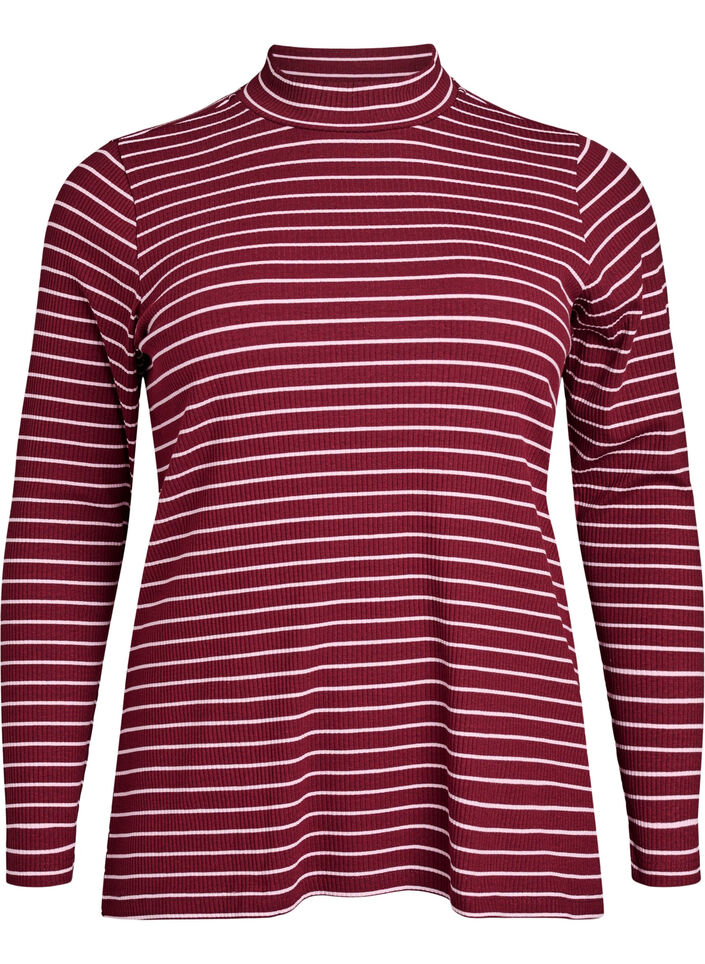 Stripet ribbet jerseybluse med høy hals, Mørk Bordeaux, Packshot