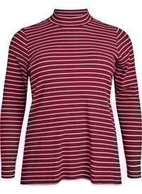 Stripet ribbet jerseybluse med høy hals, Mørk Bordeaux Stripet ribbet jerseybluse med høy hals