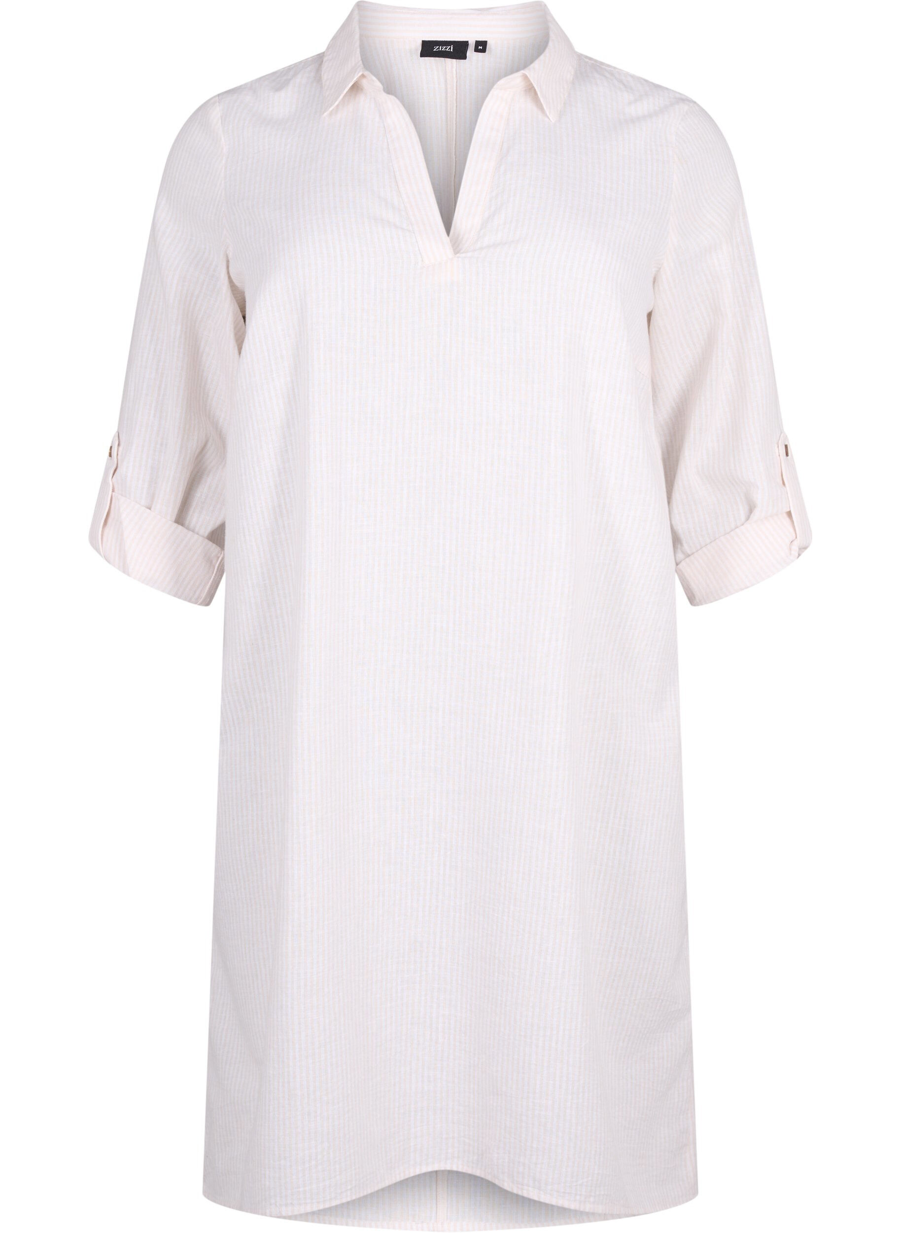 Stripet kjole i bomull og lin