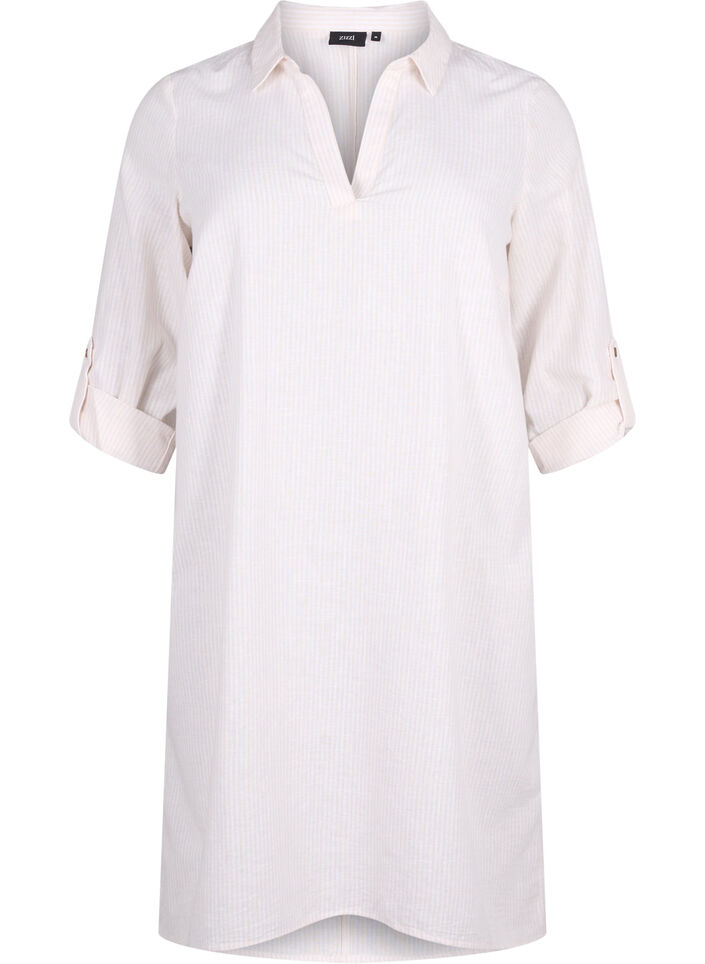 Stripet kjole i bomull og lin, Sandshell Wh. Stripe, Packshot image number 0