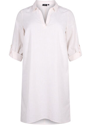 Zizzi Stripet kjole i bomull og lin, Sandshell Wh. Stripe, Packshot image number 0