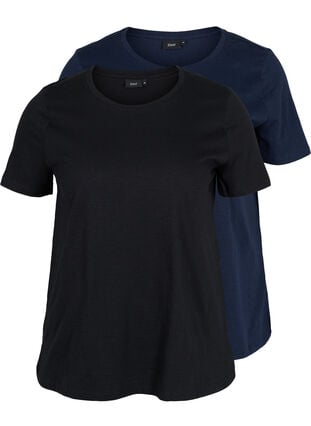 Basis T-skjorter i bomull, 2 stk., Black/Navy Blazer, Packshot image number 0