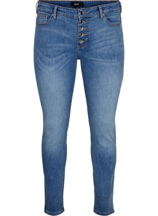 Sanna-jeans med supersmal passform og knappelukking, Blue denim, Packshot image number 0