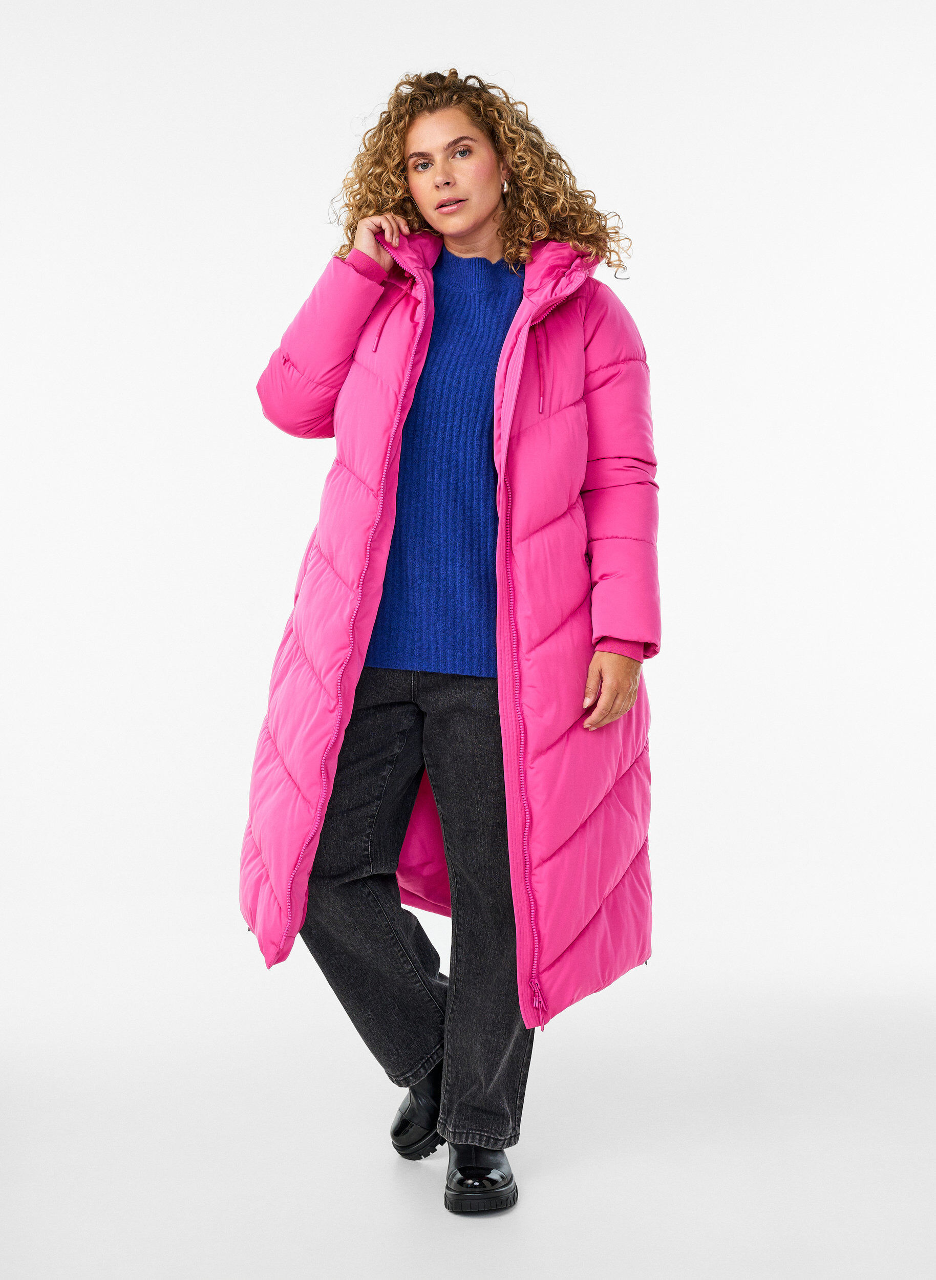 ZizziLang pufferjakke med hette og lommer, Rosa, Model image number 0