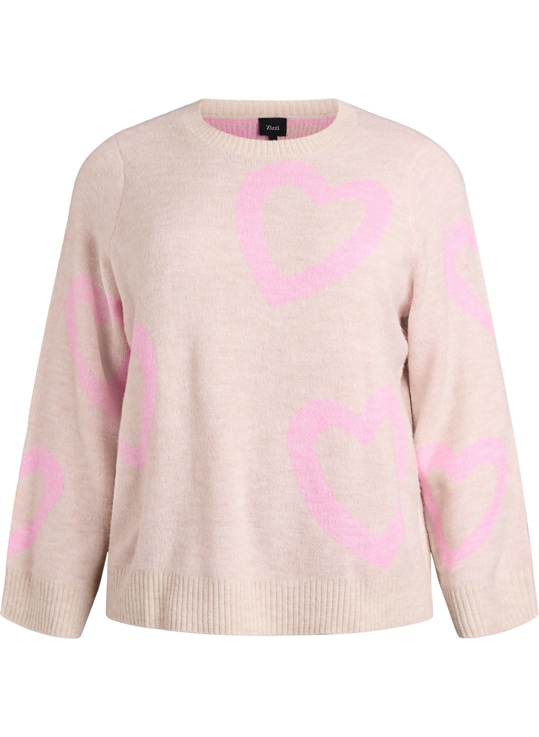 Strikkebluse med store hjerter og rund hals