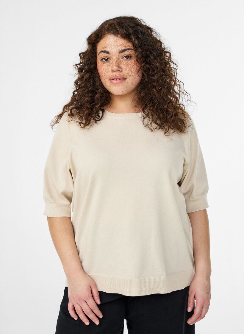 Finstrikket bluse med korte ermer, Beige, Model image number 0