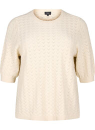 Strikket bluse med hullmønster og korte ermer, Birch Mel.