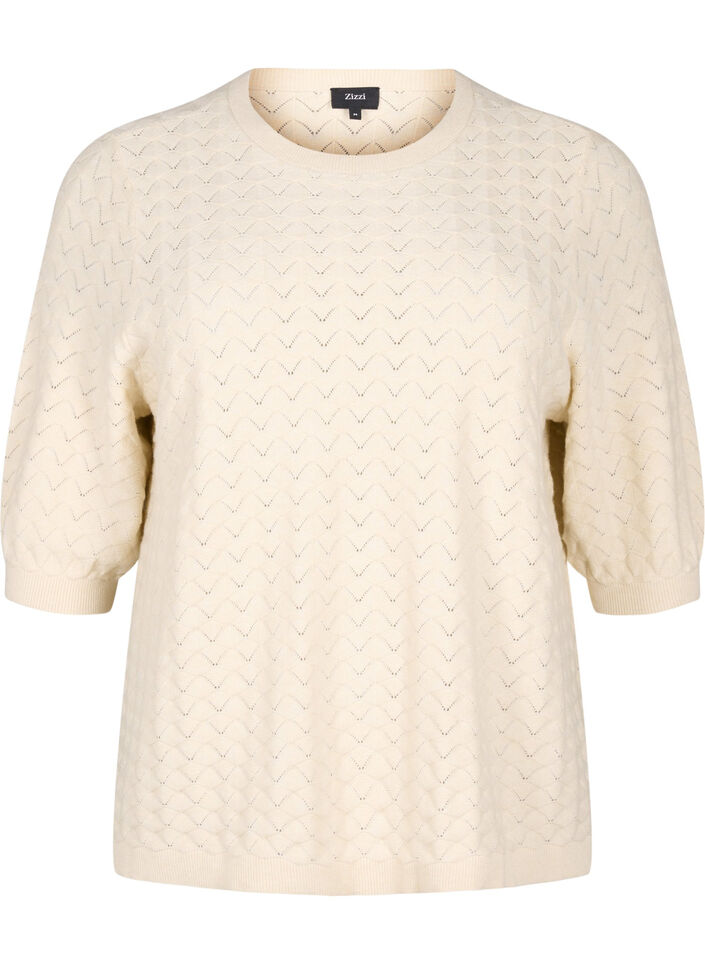 Strikket bluse med hullmønster og korte ermer, Birch Mel., Packshot