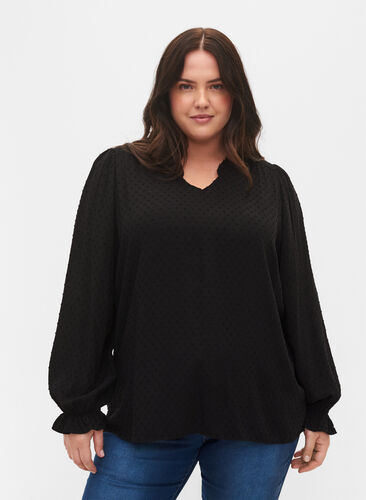 Langermet bluse med smock- og volangdetaljer, Black, Model image number 0