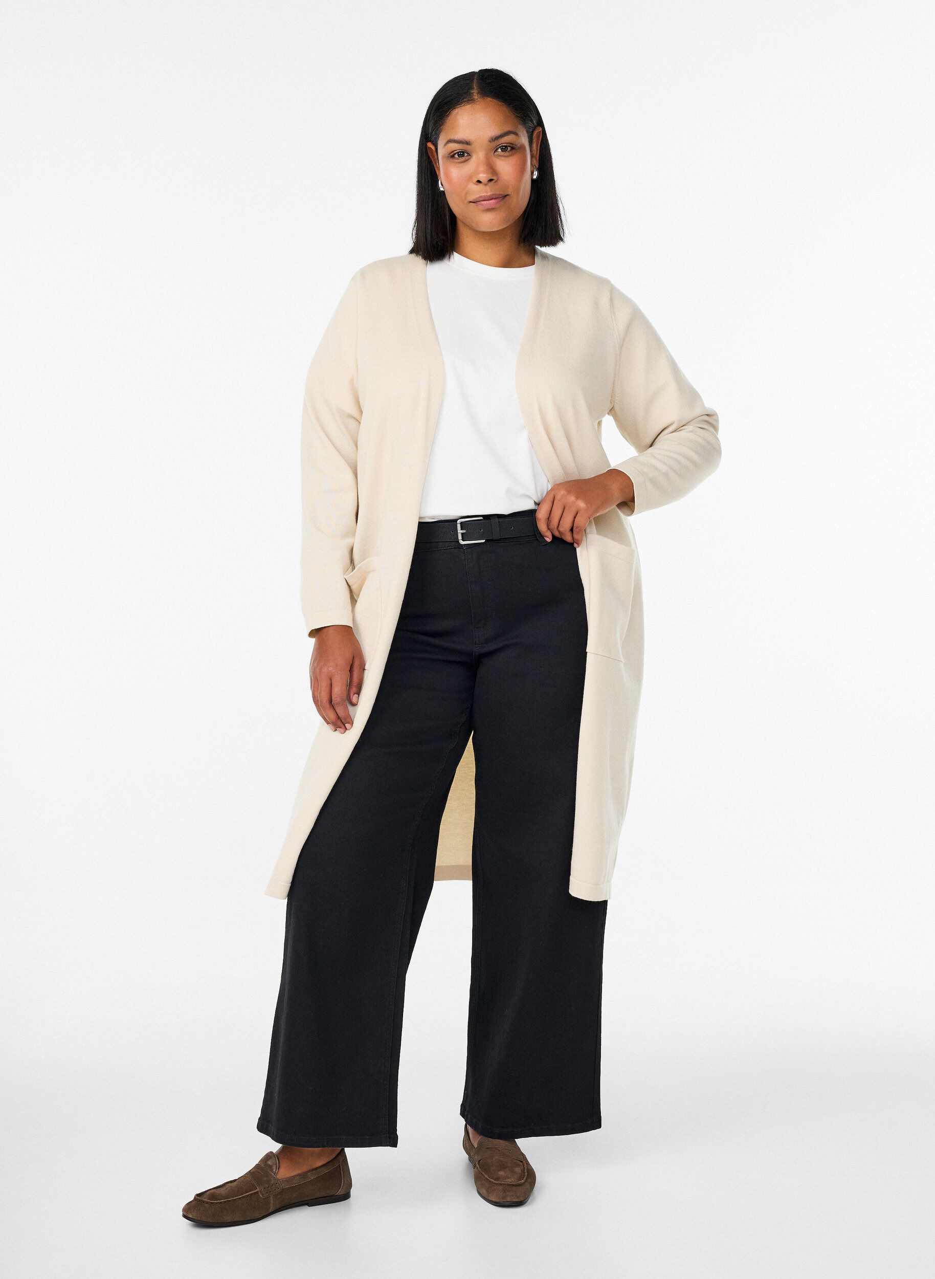 ZizziLang, &aring;pen cardigan med lommer, Beige, Model image number 0