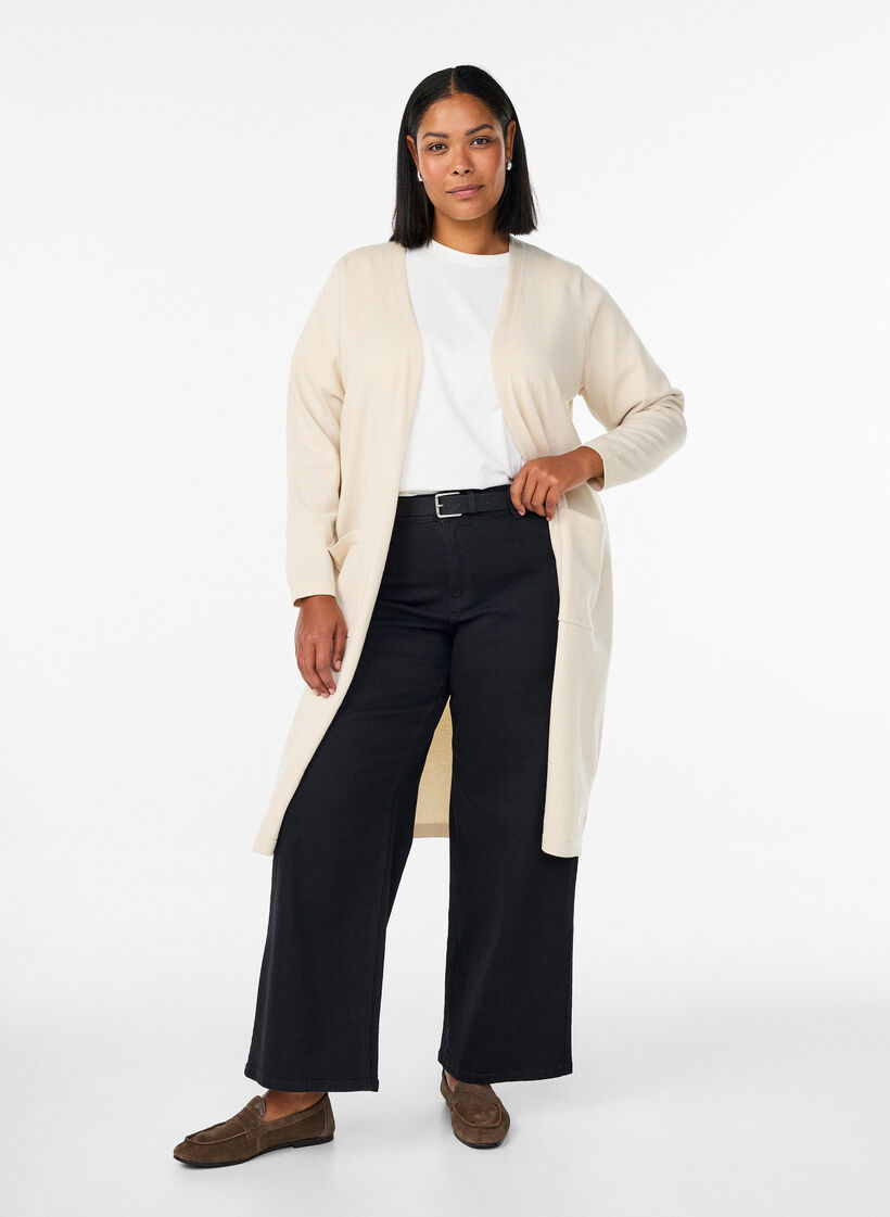 Lang, &aring;pen cardigan med lommer, Beige, Model image number 0