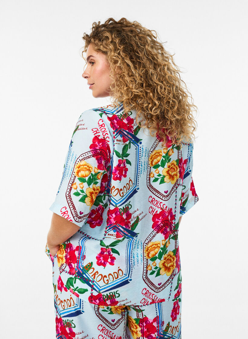 Bluse med albuelange ermer og fargerikt trykk, Bl&aring;, Model