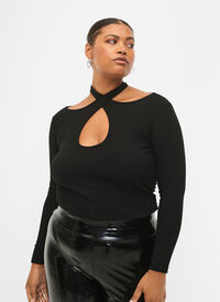 Cut-out bluse med lange ermer, Black, Model