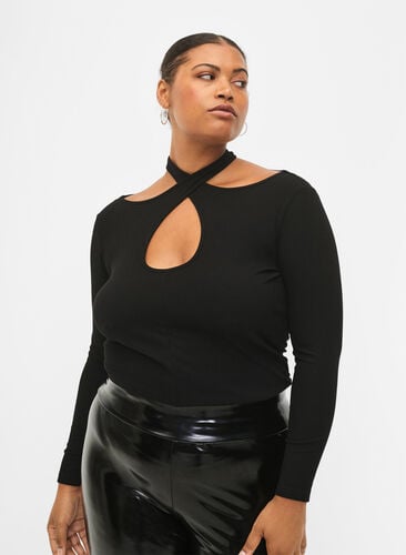 Cut-out bluse med lange ermer, Black, Model image number 0