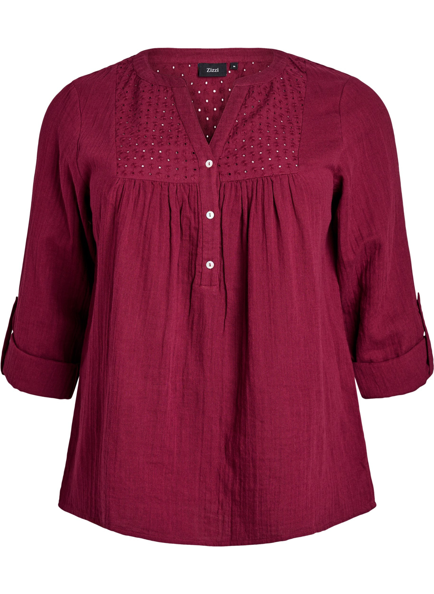 ZizziBluse i bomullsmuslin med broderi anglaise, M&oslash;rk Bordeaux, Packshot image number 0