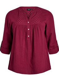 Bluse i bomullsmuslin med broderi anglaise, M&oslash;rk Bordeaux