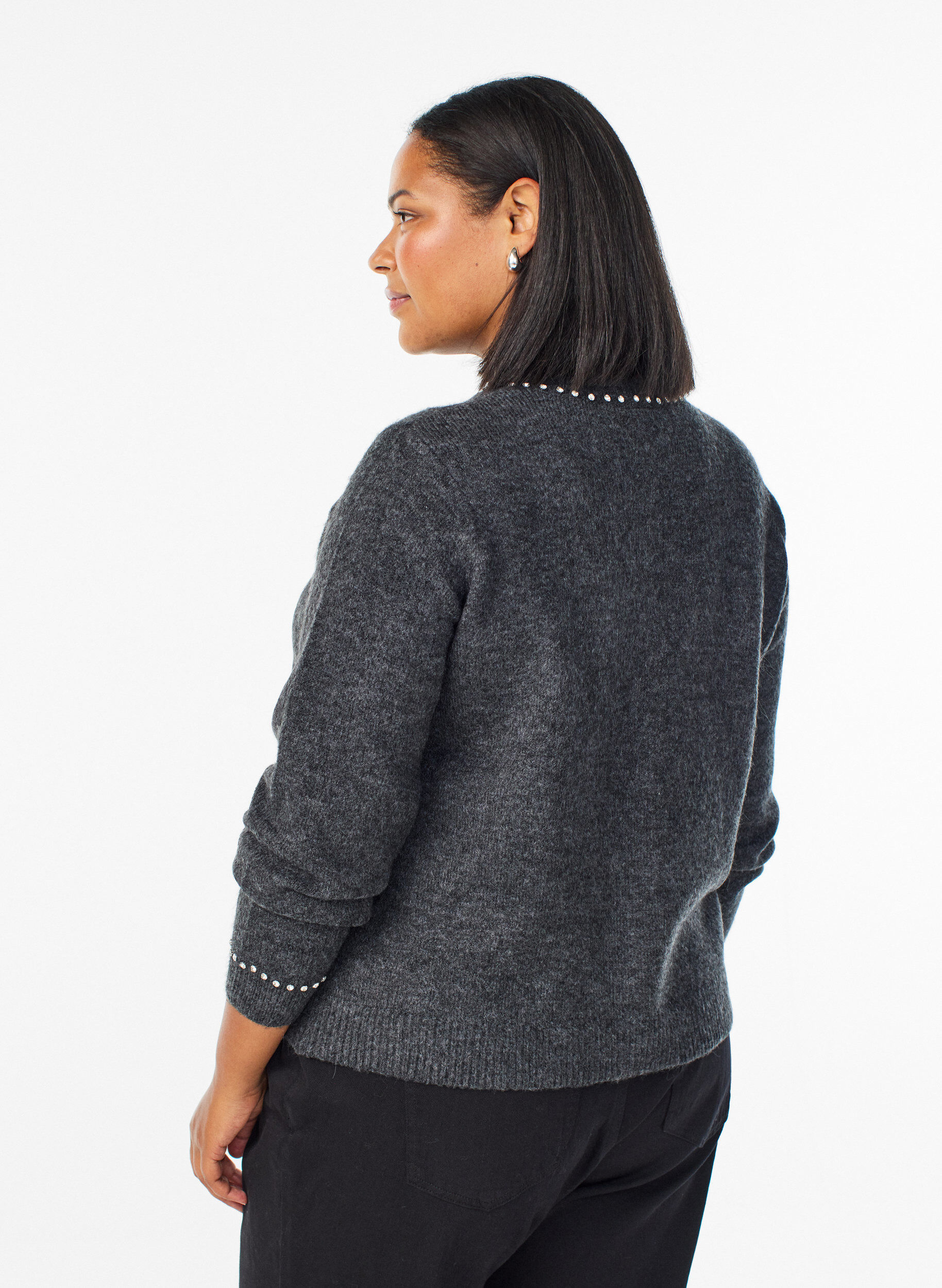 Zizzi Cardigan med rhinesteiner og dekorative knapper, Gr&aring;, Model image number 2