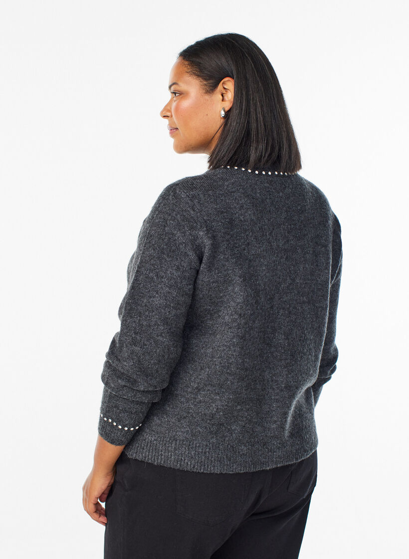 Cardigan med rhinesteiner og dekorative knapper, Grå, Model image number 2