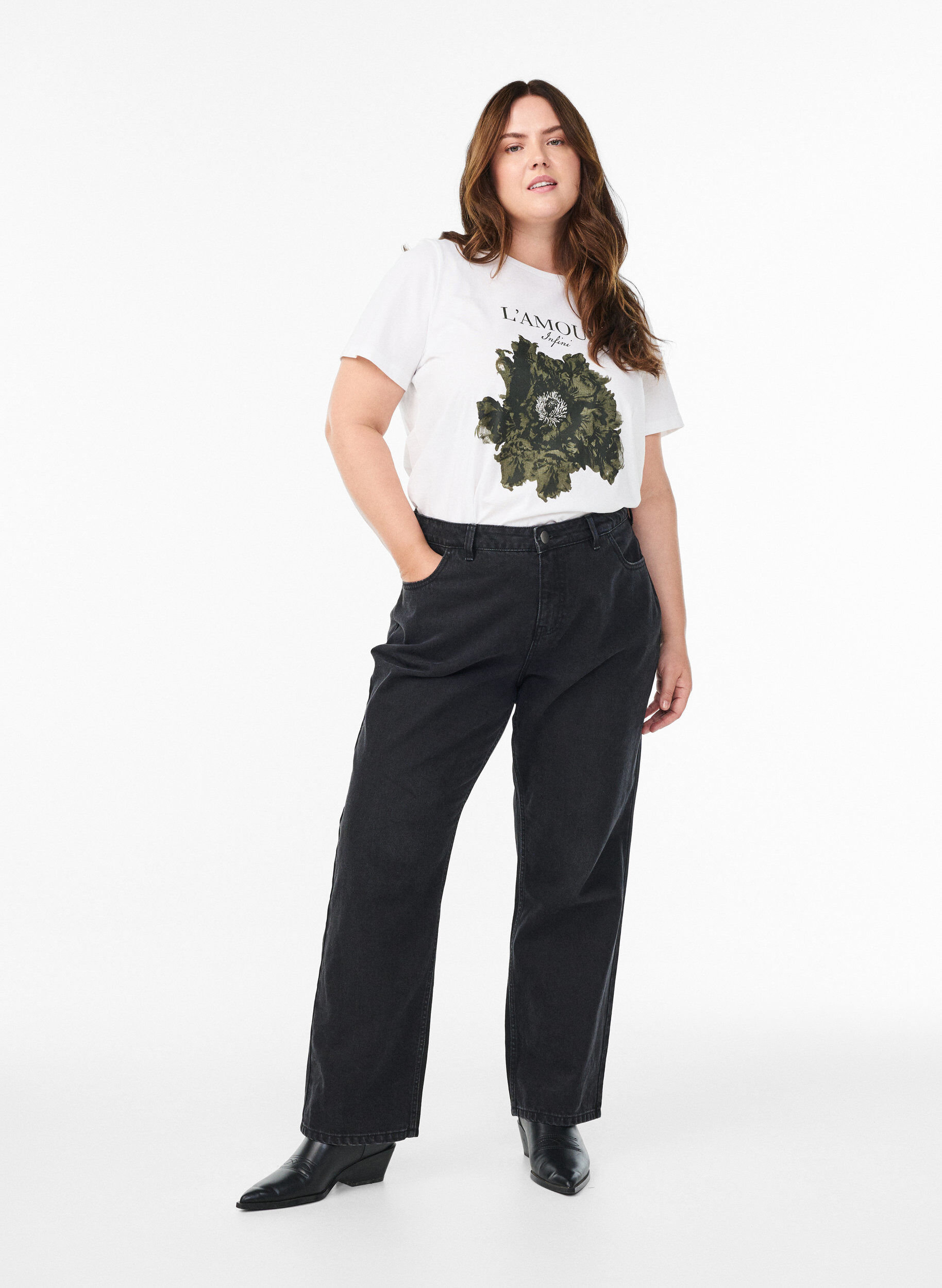 Zizzi Bomulls-t-skjorte med trykk foran, Hvit, Model image number 1