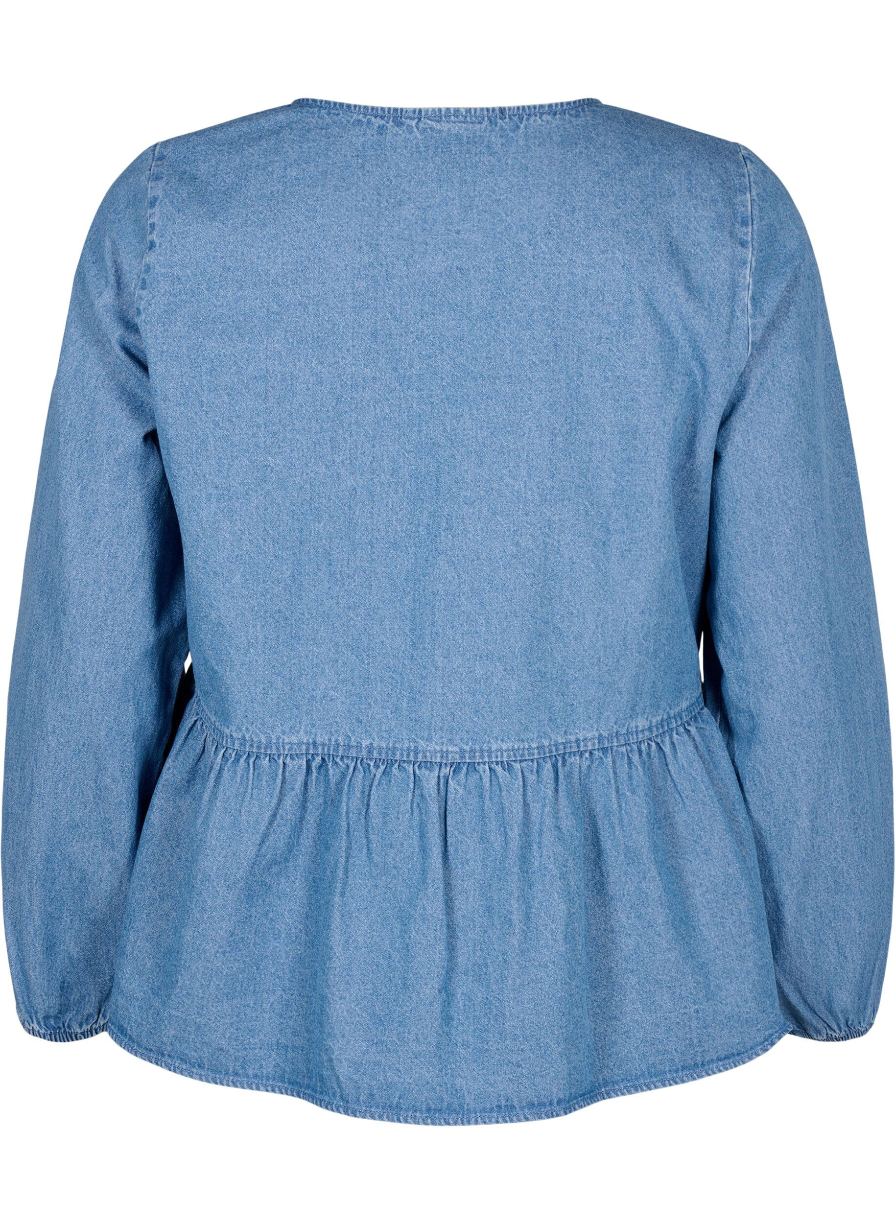 ZizziPeplumbluse i denim med knyting, Light Blue Denim, Packshot image number 1