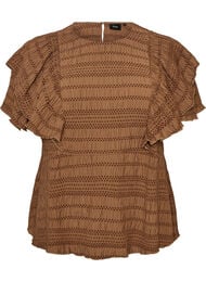 Bluse med smockstruktur og volangermer, Brun