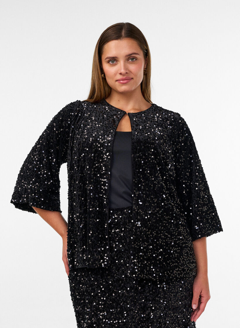 Cardigan med paljetter og 3/4-ermer, Svart, Model image number 0