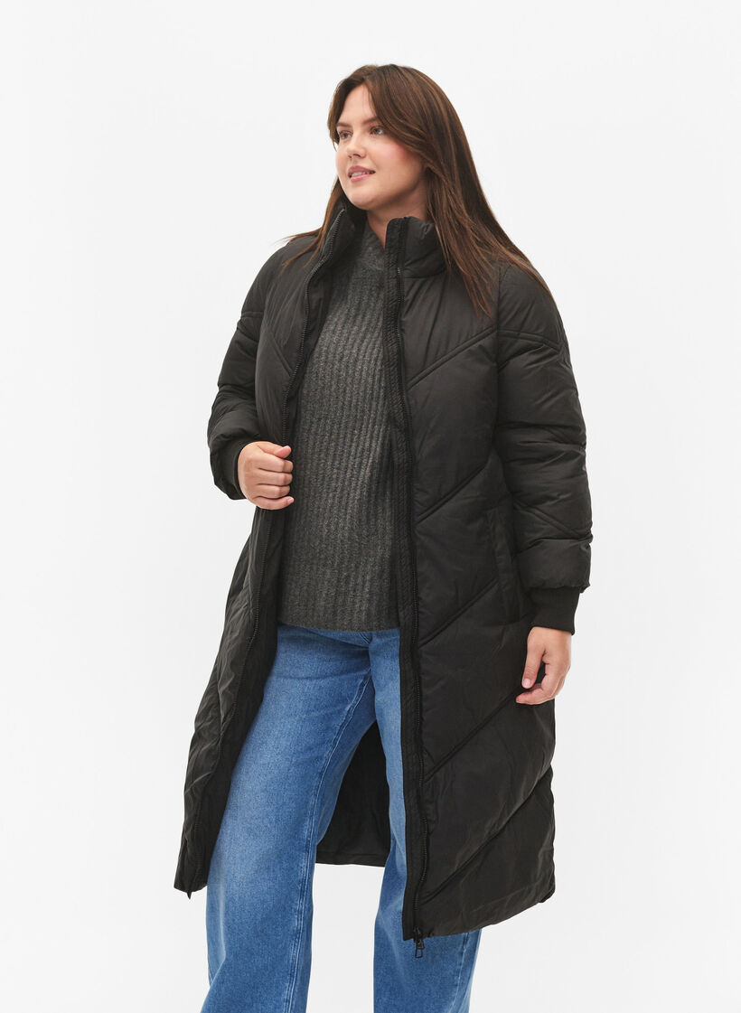 Lang puffer-vinterjakke, Black, Model image number 2