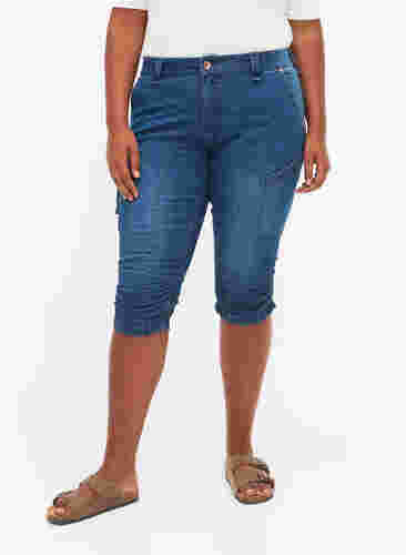 Slim fit caprijeans med lommer, Dark blue denim, Model image number 3