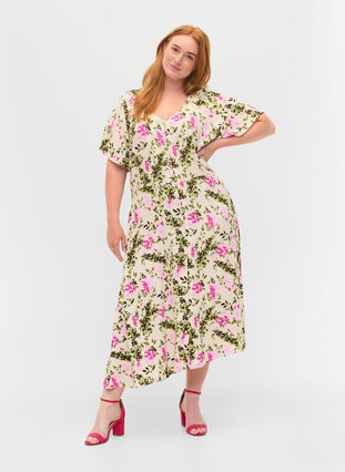 Midikjole i viskose med knappelukking, Green Pink AOP, Model image number 0
