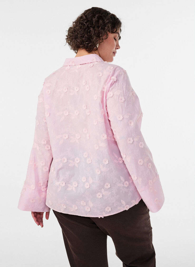 Skjorte med blomsterbroderi og vide ermer, Rosa, Model image number 2