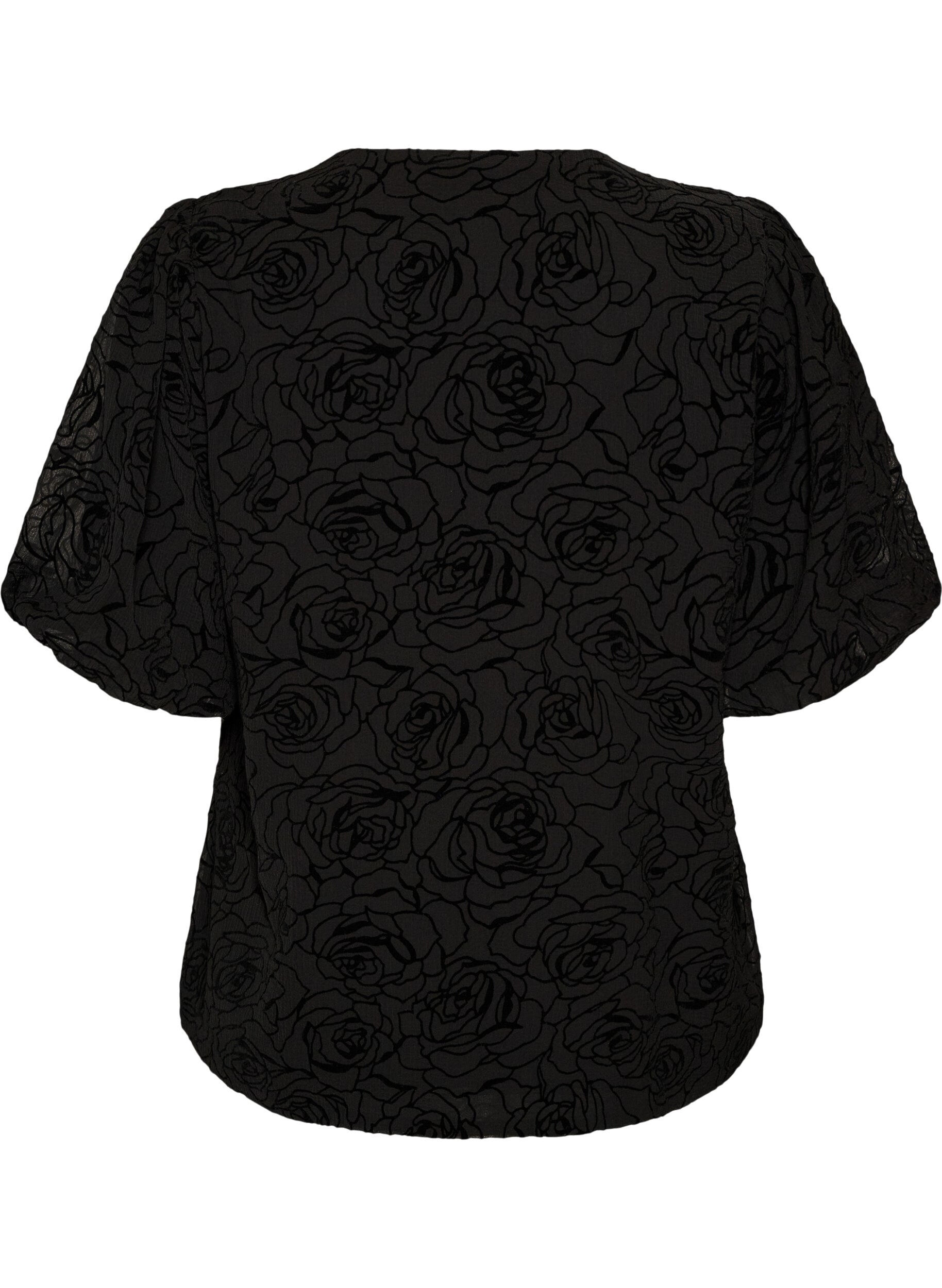 ZizziBluse med blomstertrykk og ballongermer, Svart, Packshot image number 1