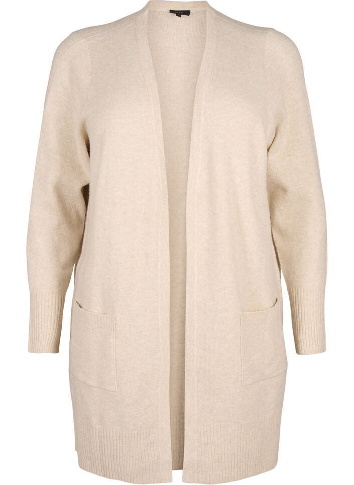 Ribbestrikket cardigan med lommer, Beige, Packshot image number 0