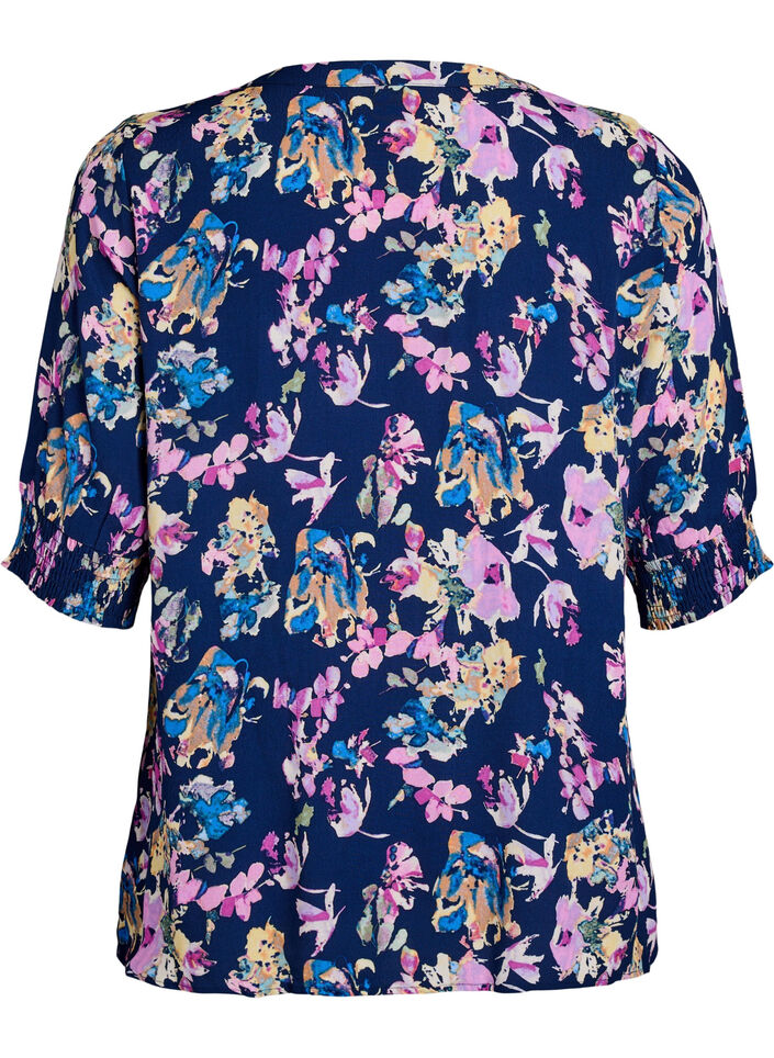 Kortermet viskosebluse, Blå, Packshot image number 1