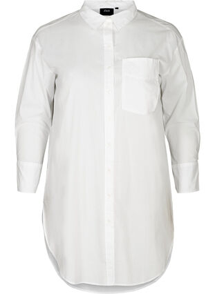 Lang bomullsskjorte med lomme på brystet, Bright White, Packshot image number 0
