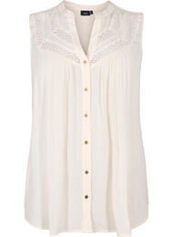 Ermeløs viskosebluse med heklet detaljer, Bone White